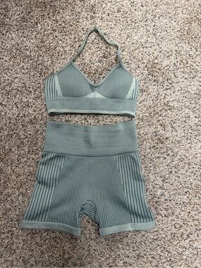 Seamless Ribbed Halter Bralette and High-Waist Shorts Set - Sage Green